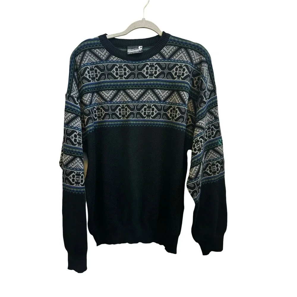 Demetre Vintage Mens Ski Sweater Wool Blend Fair Isle 90s Black Sz XL USA Made‎